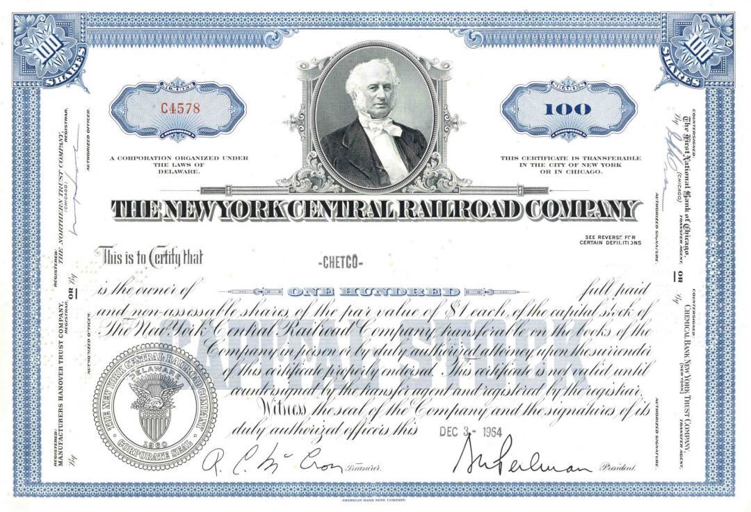 New York Central Railroad Co. - Commodore Cornelius Vanderbilt Vignette - dated 