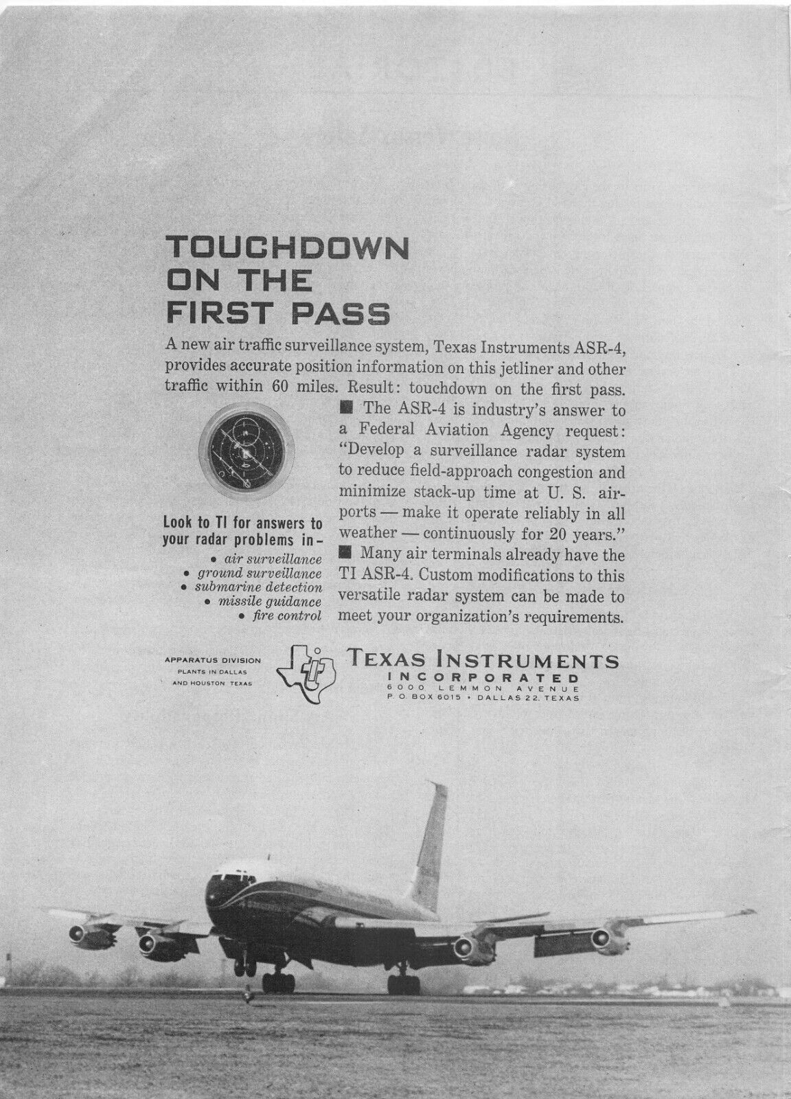 Federal Aviation ASR-4 Radar Texas Instrument INC Dallas Vintage Print Ad
