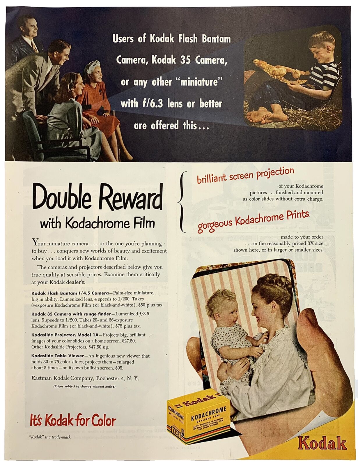 Magazine Ad Vintage 1949 Kodak Kodachrome 35mm Slide Transparency Film & Cameras