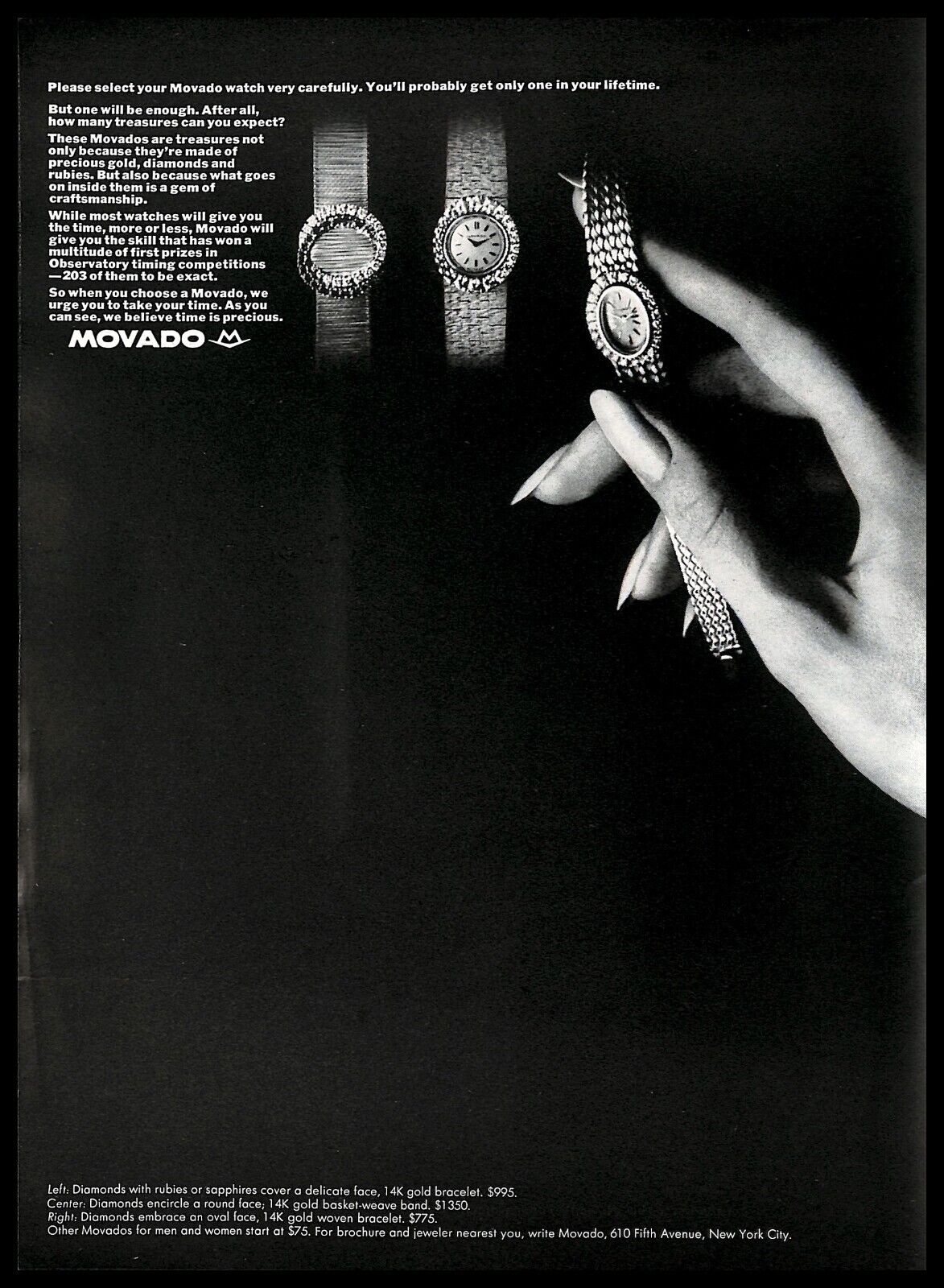 1965 Movado Jewelled Watches Vintage PRINT AD Lady Hand Timepieces Diamonds