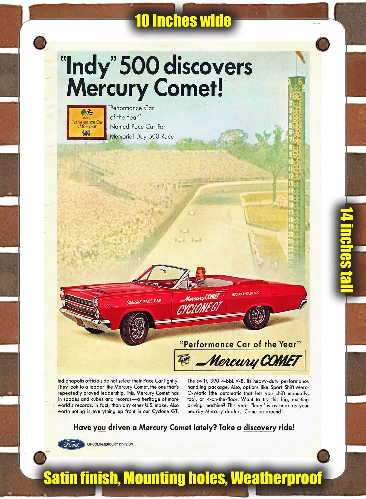 METAL SIGN - 1966 Mercury Comet Cyclone GT Indy 500 Pace Car 2 - 10x14 Inches