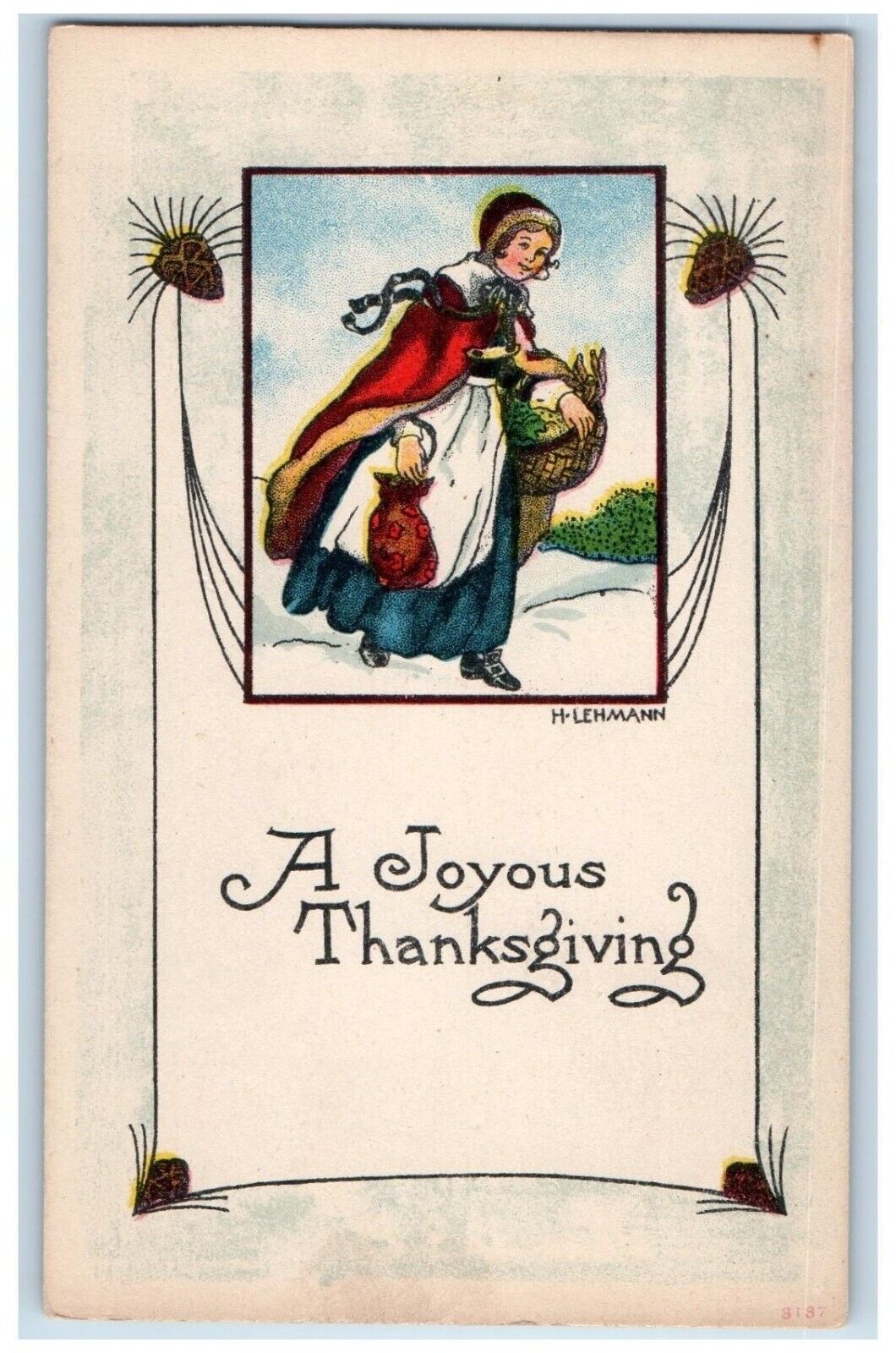 c1910's Joyous Thanksgiving Woman With Basket Lehmann Unposted Antique Postcard