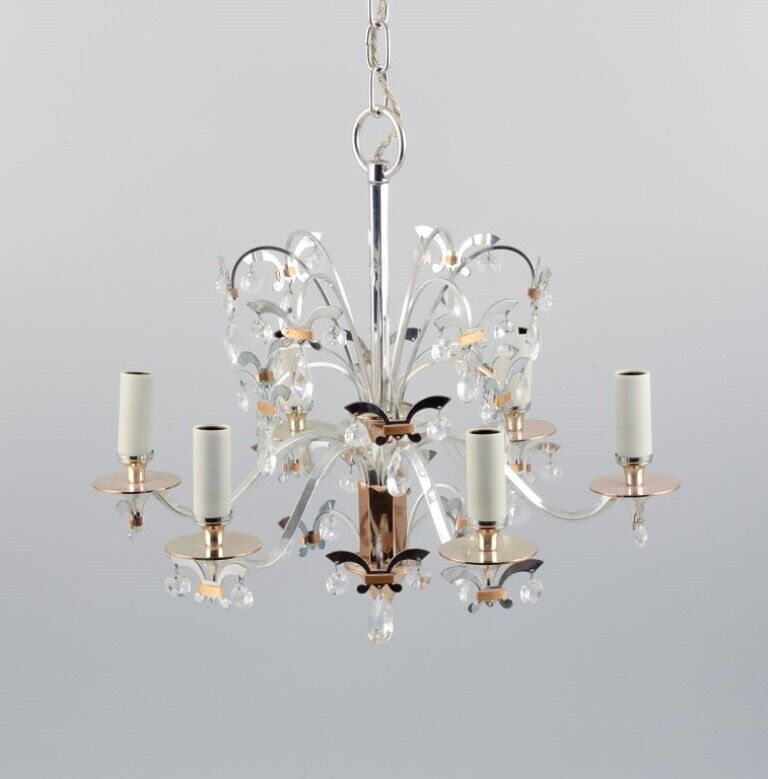 Scandinavian design, metal chandelier with crystals. Approx. 1980.