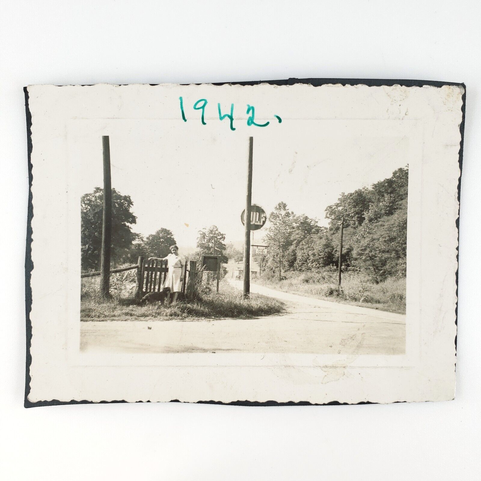 Gulf Oil Gas Station Photo 1920s Antique Road Service Woman Lady Snapshot D1727