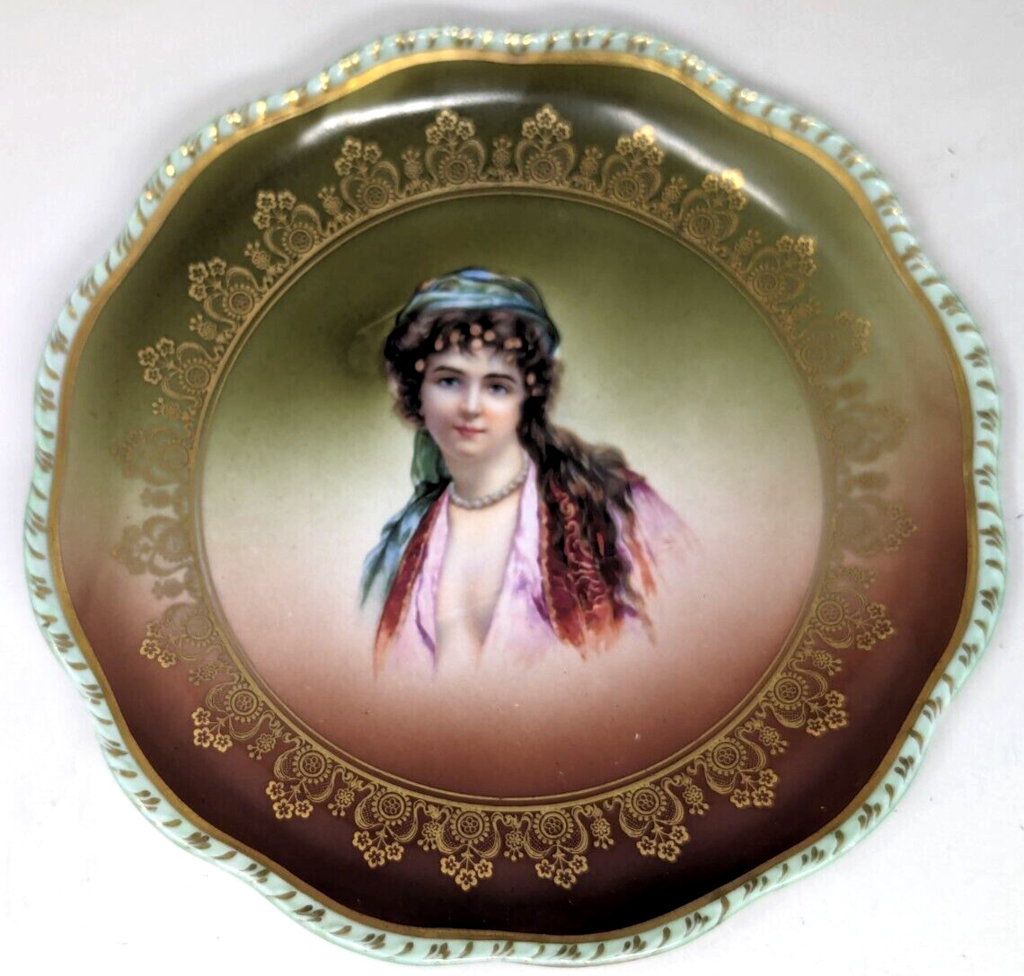 Antique Imperial Austria Scalloped Multicolor Lady Portrait Cabinet Plate HR21