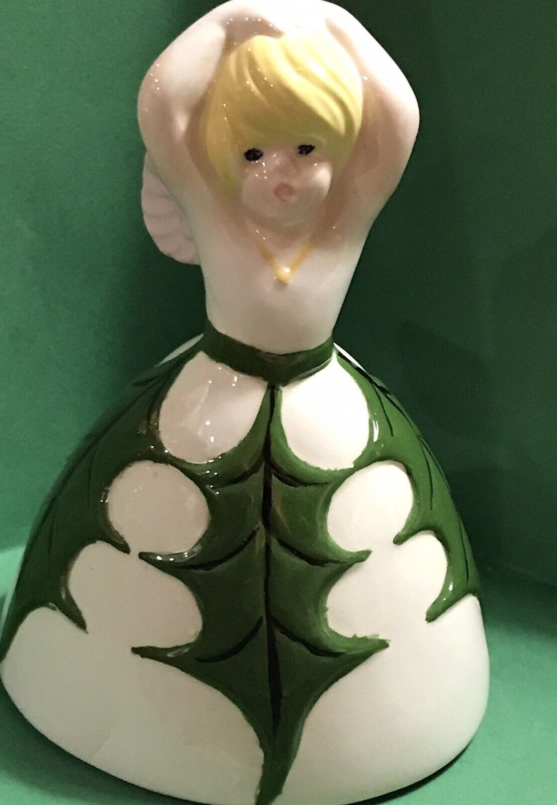 Holly Leaf Christmas Angel Bell Ceramic Bell ( No Clacker) 1968 Blonde 5” Tall