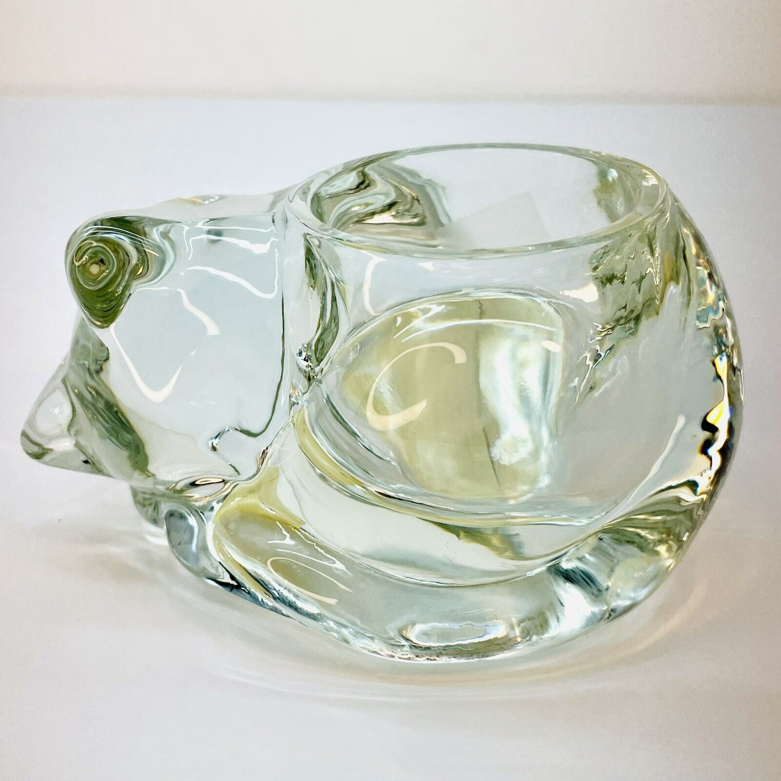 Vintage Crystal Sleeping Cat Votive Handmade Indiana Glass Candle Holder USA