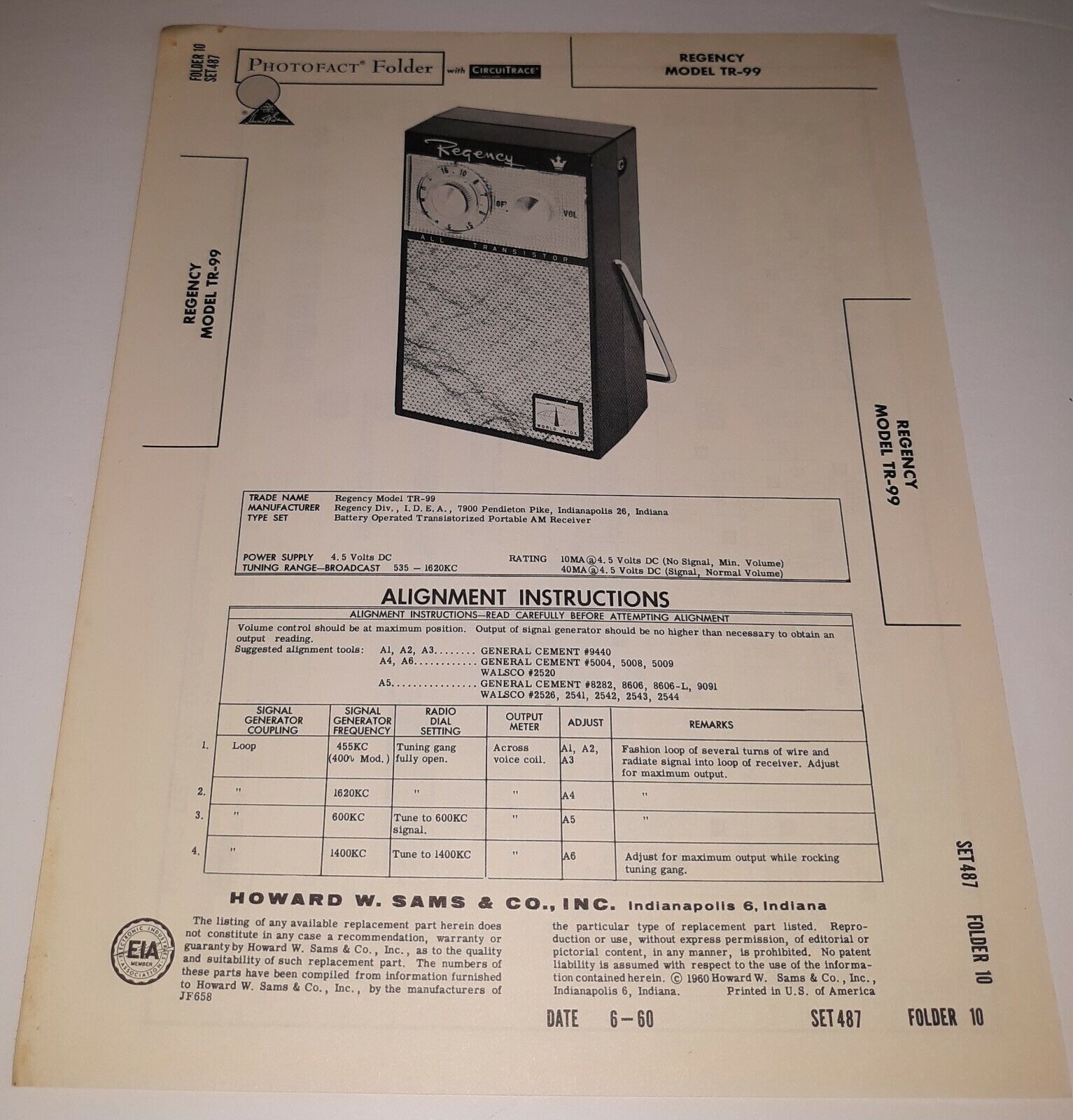 Regency Model TR-99 Photofact Folder 