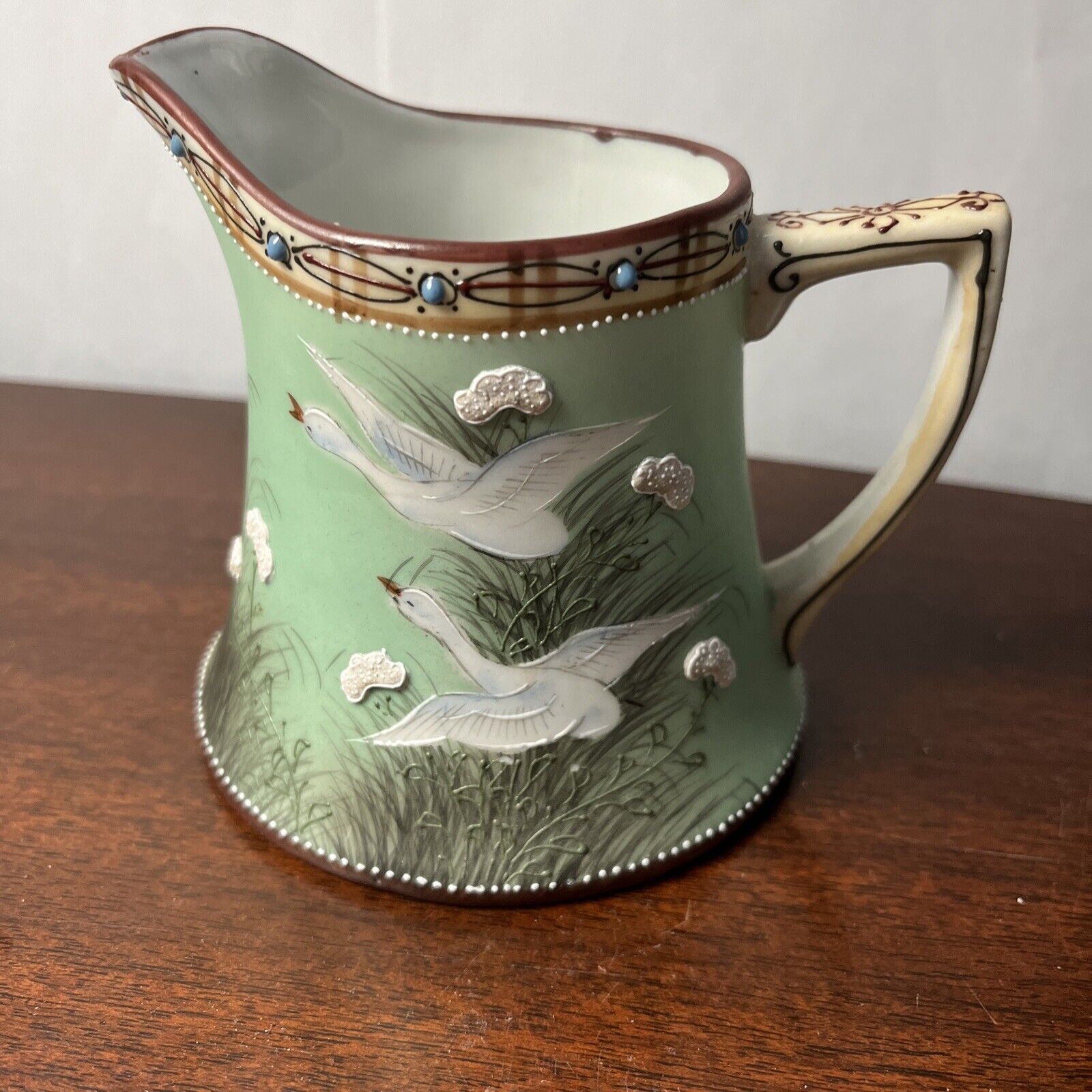 Rare Handpainted Antique Japanese Pitcher With Raised Paint Finish