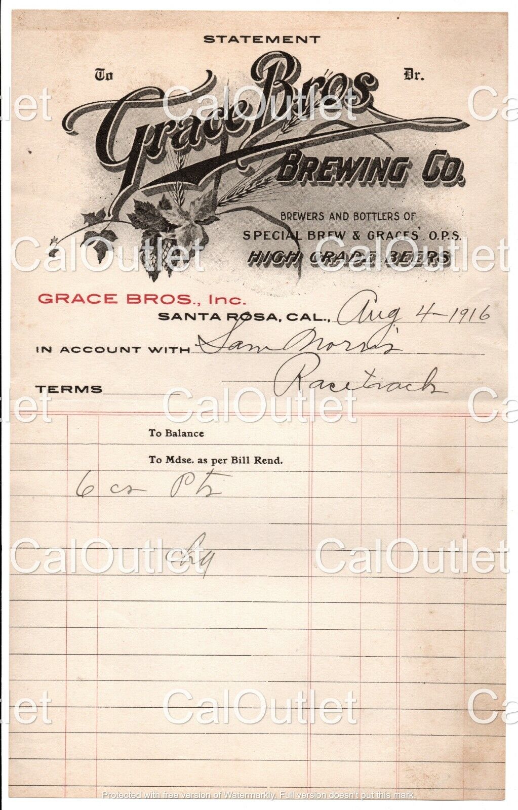 Vintage Grace Bros. Brewing Co. 1916 Billing Statement Santa Rosa CA