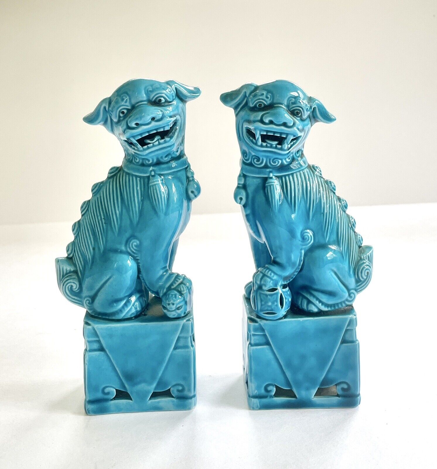 Vintage 8” Foo Dog Porcelain Turquoise Blue Pair Oriental Guard Lion Statue