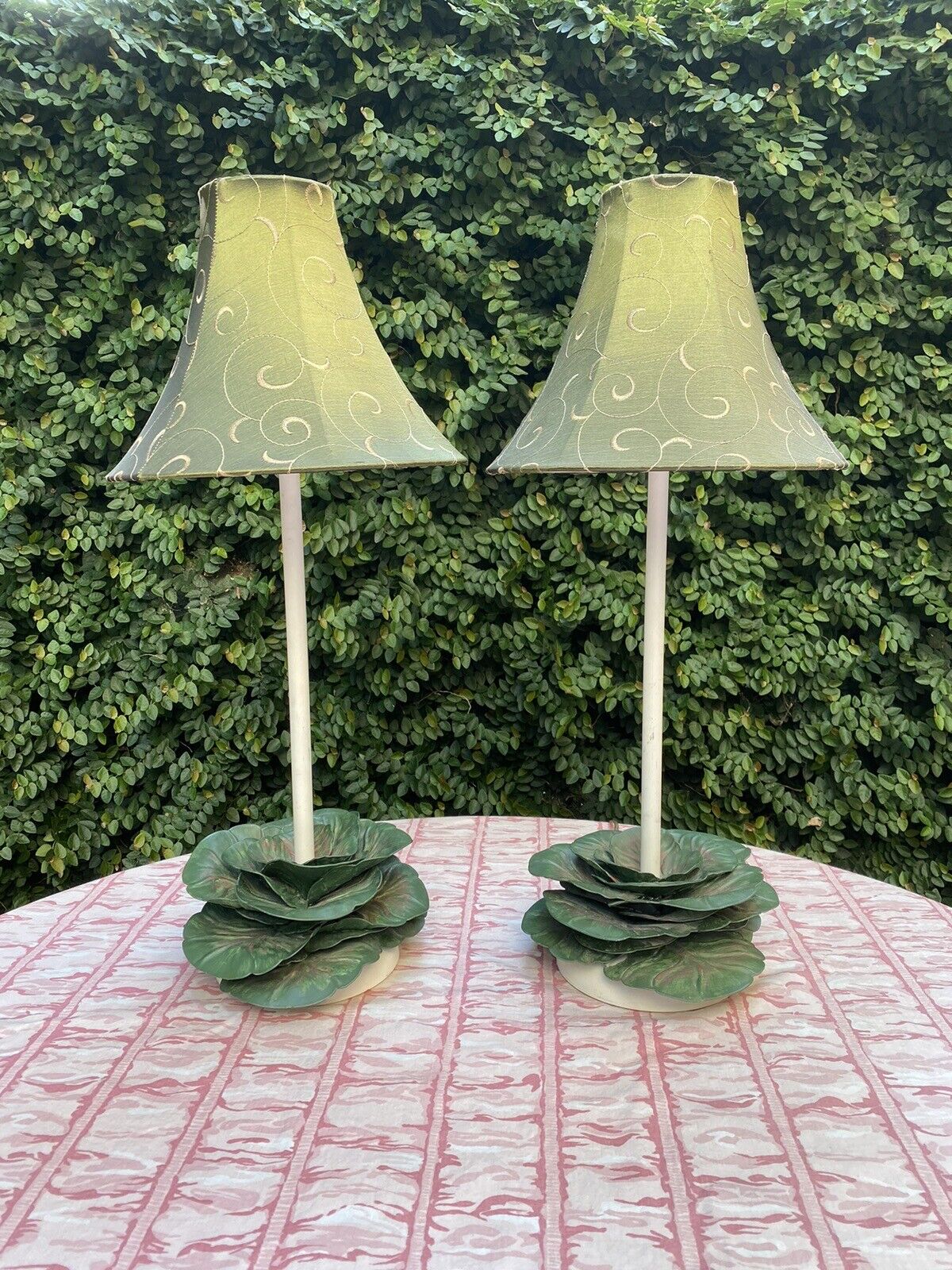 Pair Cabbage Leaf Tole Metal Floral Table Lamps Grandmillennial Chintz