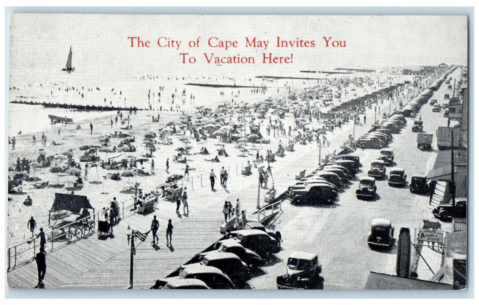 c1910 City Cape May Invites Vacation Here Classic Cars Beach New Jersey Postcard