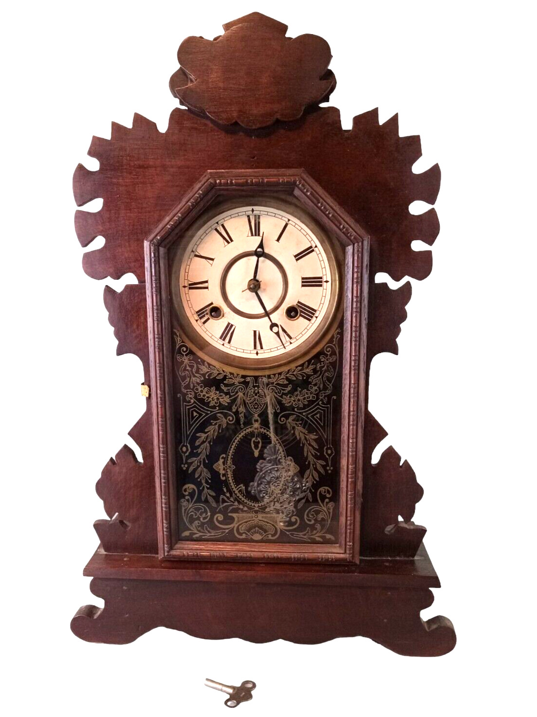 Antique WATERBURY Dark Oak Victorian Key Wound Striking Shelf Mantel Clock