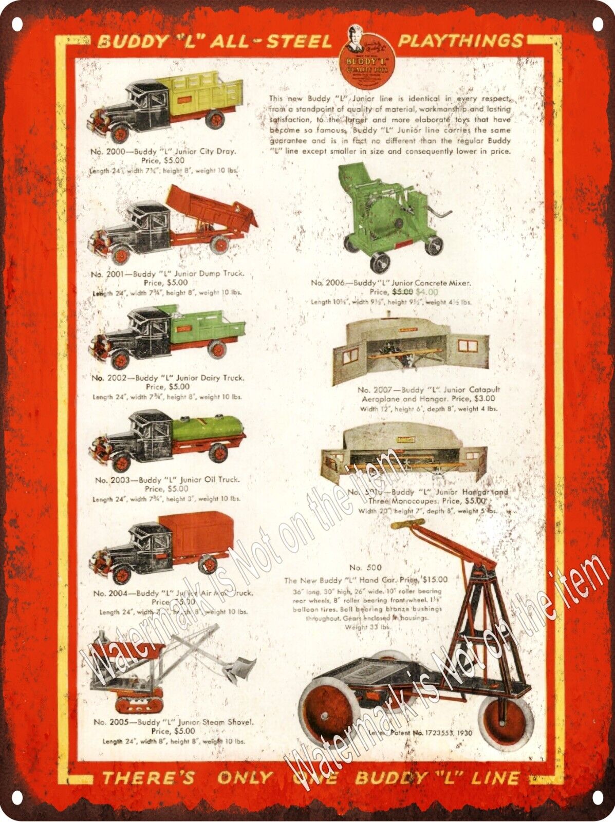 1931 Buddy L  Toy steel dump truck hand car hanger Shovel Metal Sign 9x12\