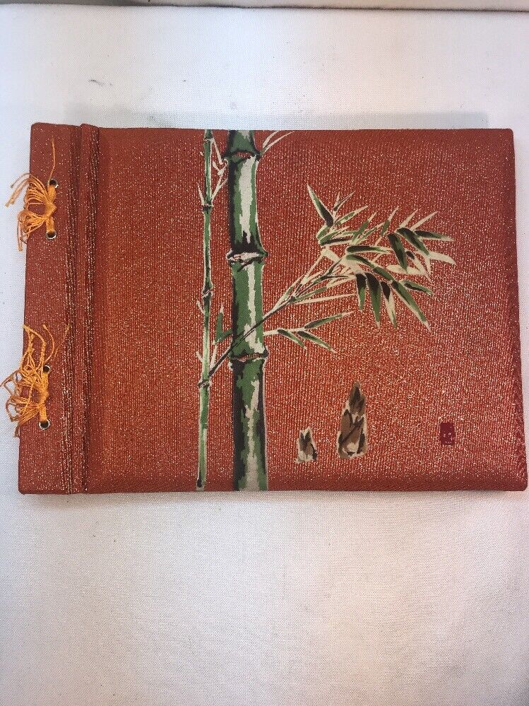 Vtg 60-70’s Orange Sparkled Oriental Bamboo Cover Scrapbook 25 Pages