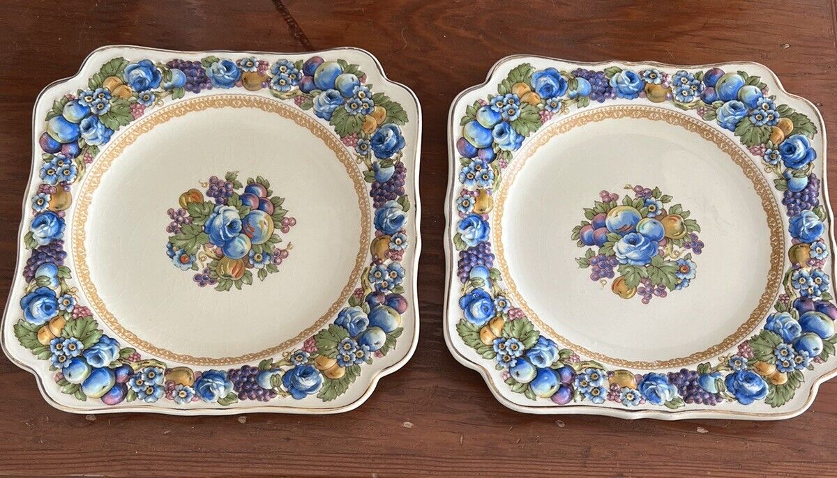 Vtg. (2)Crown Ducal China 1954 FLORENTINE Square Salad/Luncheon Plates.  ENGLAND