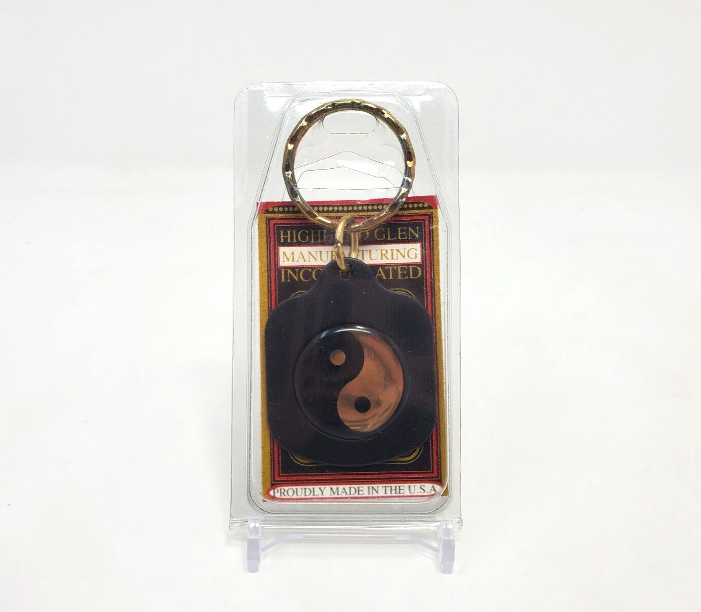 YIN & YANG Black Metal Key Chain Gold Ring USA Highland Glen Mfg Vintage NIP
