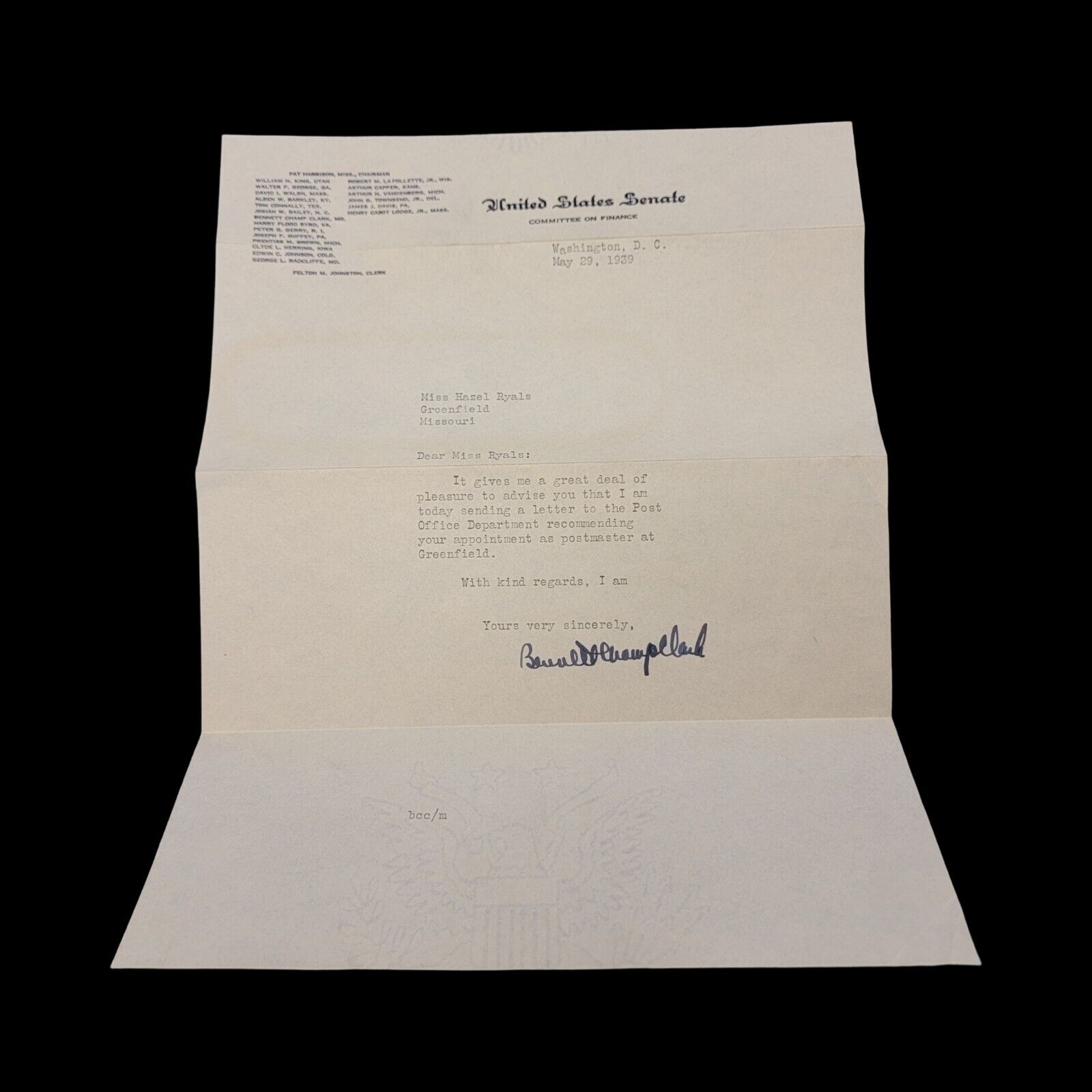 LETTER BY BENNETT CHAMP CLARK MAY 29, 1939 RECOMMENDATION FOR POSTMASTER GENERAL