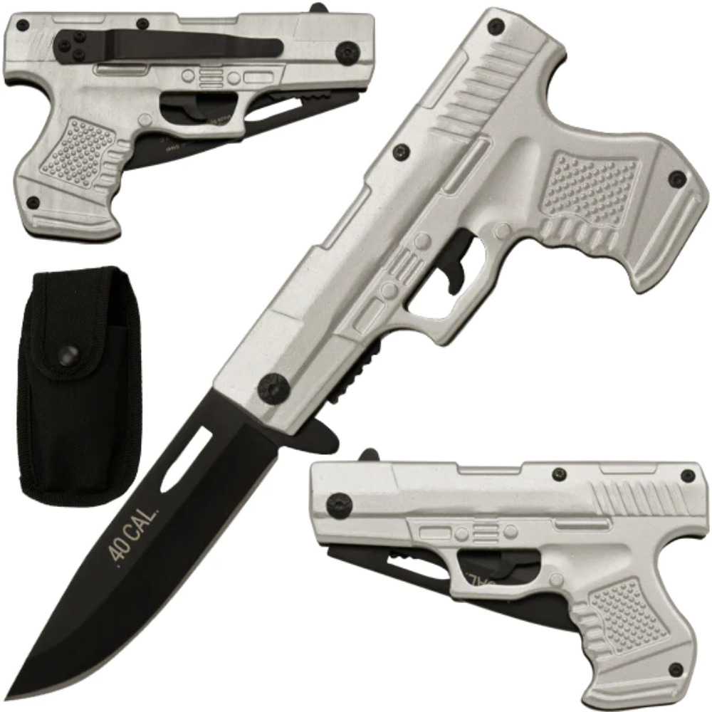 Hand Gun Pistol Folding Pocket Knife Tactical Assisted  w Open Nylon Sheath