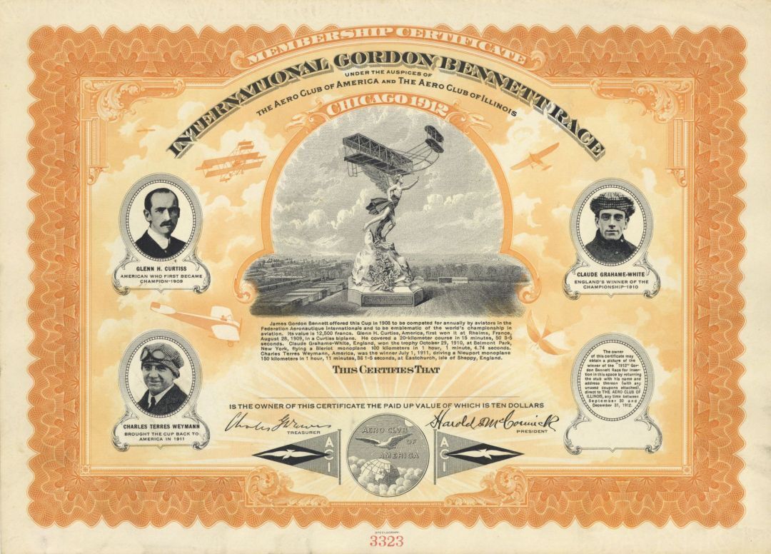 International Gordon Bennett Race - 1912 dated Aviation Membership Certificate -
