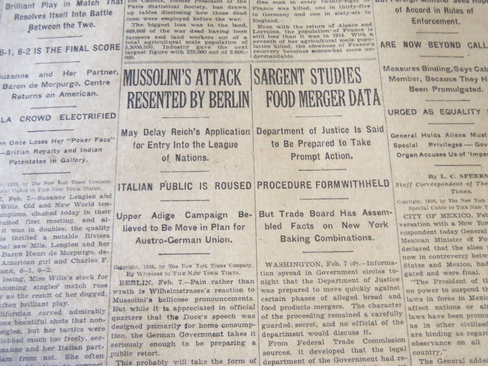 1926 FEBRUARY 8 NEW YORK TIMES - MUSSOLINI\'S ATTACK RESENTED BY BERLIN - NT 6608
