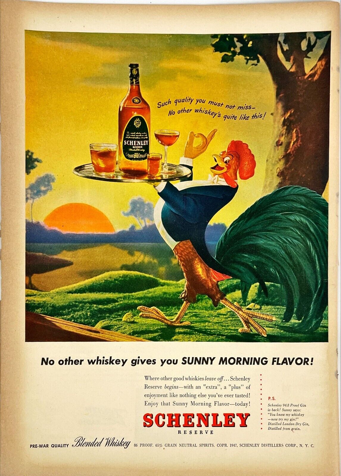 Schenley Whiskey Dapper Rooster Mancave Decor Sunrise Vtg Print Magazine Ad 1947