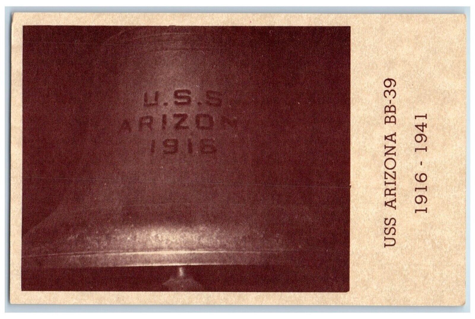 USS Arizona 1916-1941 BB-39 Ships Bell Student Union Building Tucson AZ Postcard