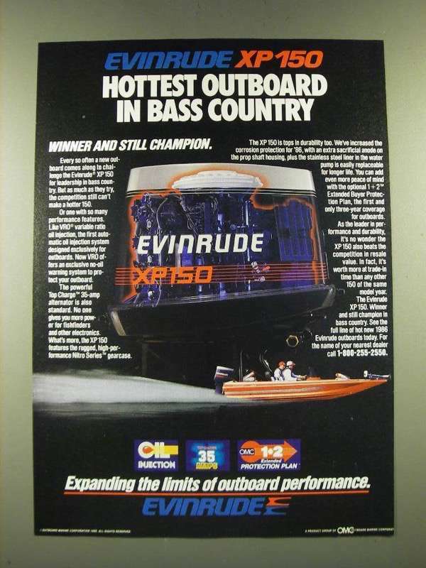 1986 Evinrude XP 150 Outboard Motor Ad - Hottest Outboard in Bass Country