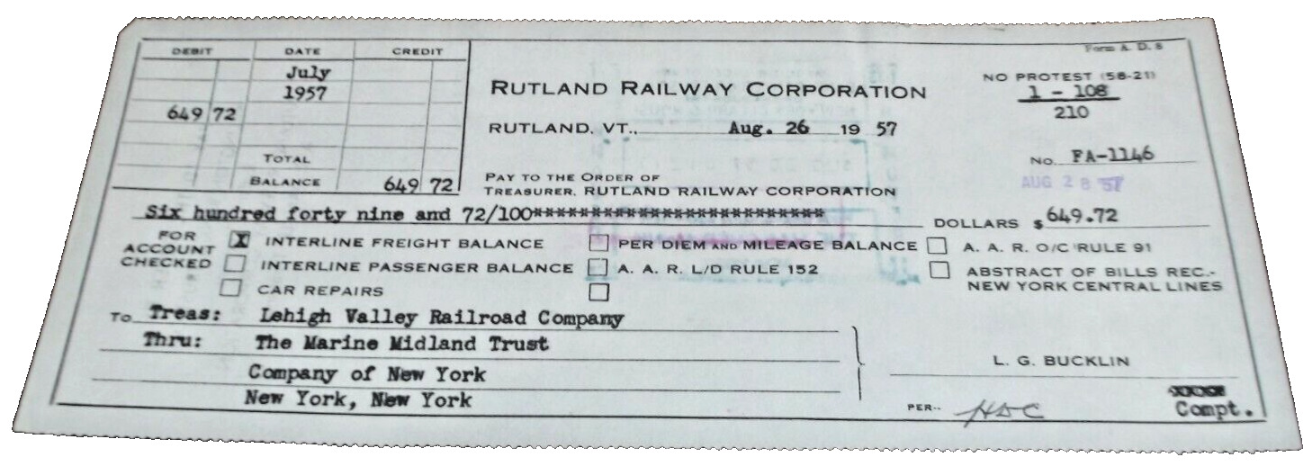 AUGUST 1957 RUTLAND RAILROAD COMPANY CHECK #FA-1146