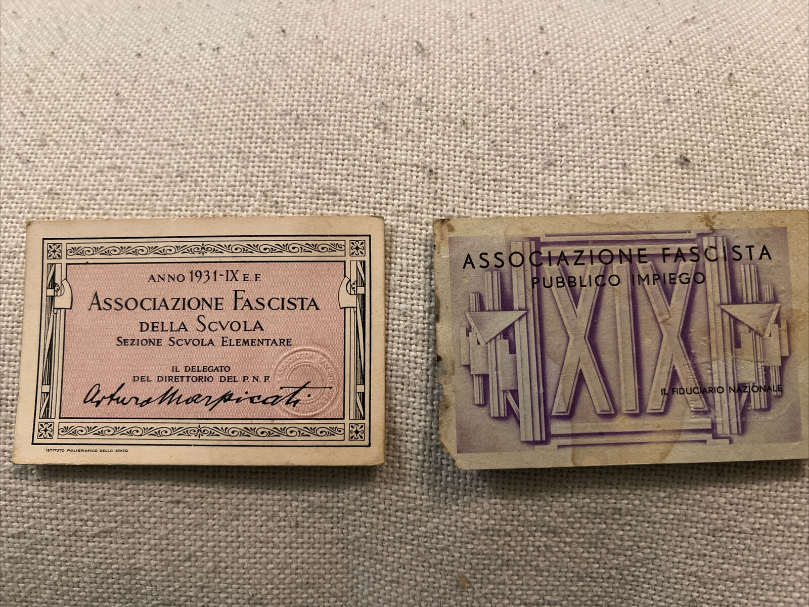 ITALY 2 ORIGINAL FASCIST 1931 ERA MEMBERSHIP ID CARDS
