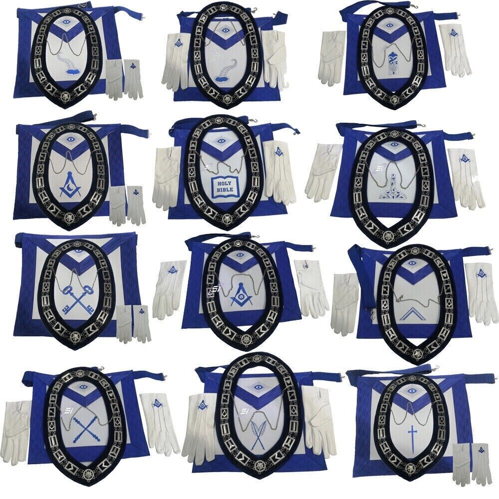 Masonic Blue Lodge Apron silver chain collar with jewel and gloves pack of 12X4