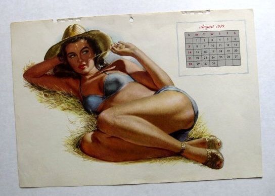 August 1949 Large Pinup Girl Calendar Page by Al Moore Sexy Farm Girl