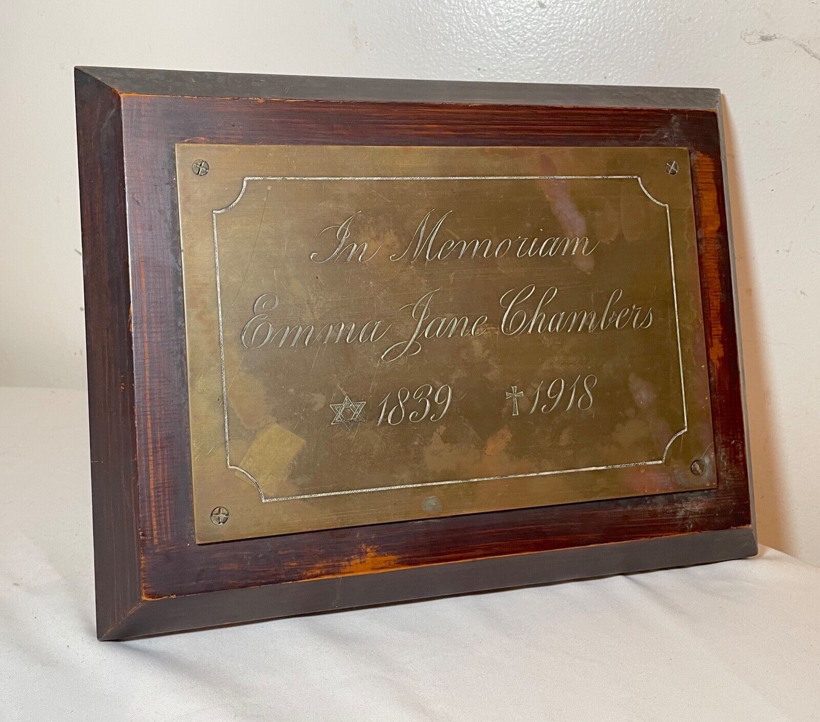 rare antique 1839-1918 brass wood jewish catholic presentation memorial plaque