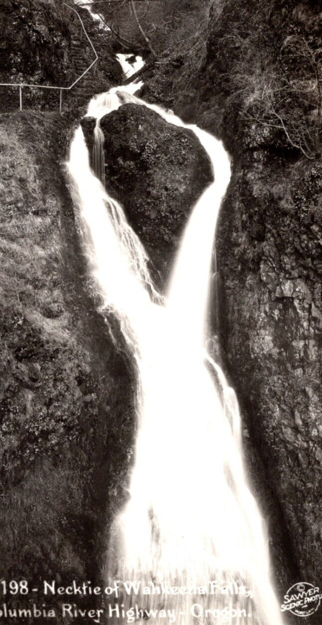 c1940s RPPC Necktie of WAHKEENA FALLS Columbia River Hwy Oregon VINTAGE Postcard