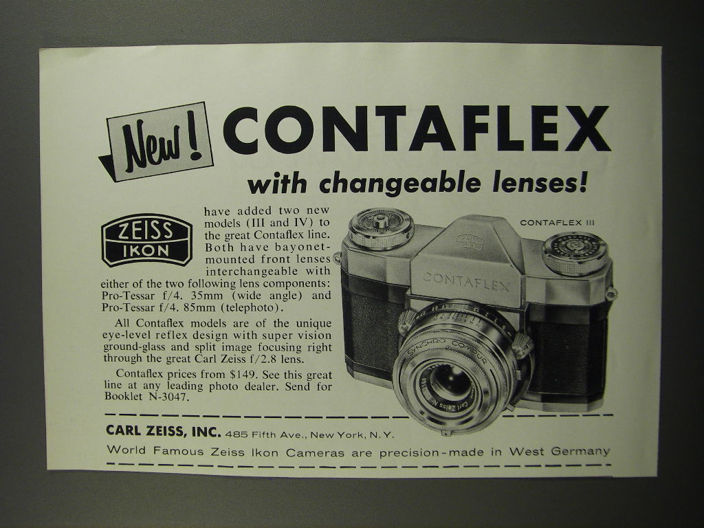 1957 Zeiss Contaflex III Camera Ad - New Contaflex with changeable lenses