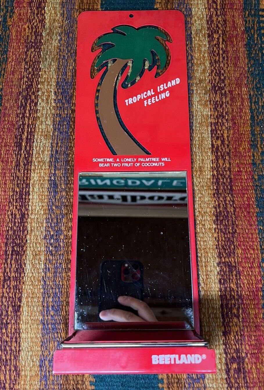 RARE Vintage Beetland Red Tropical Palm Tree Novelty Wall Mirror Shelf Japan