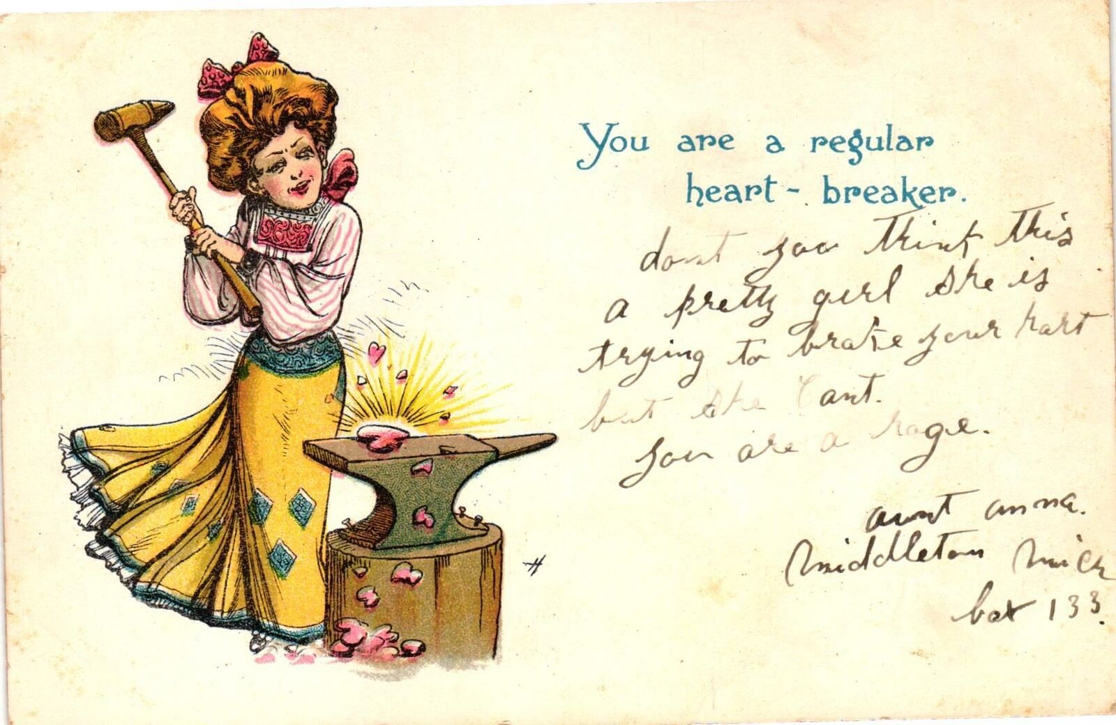Vintage Postcard- YOU ARE A REGULAR HEART-BREAKER, WOMAN WITH A HAMM 1910 UnPost