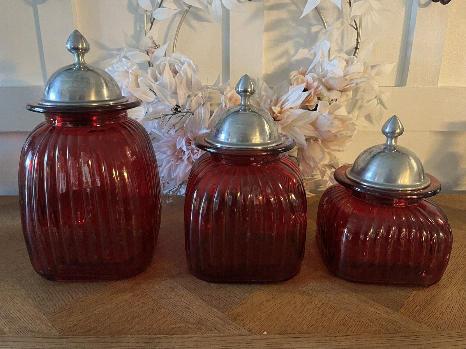 Vintage Artland Ruby Red 3 pc canister set with domed aluminum lids S, M, L