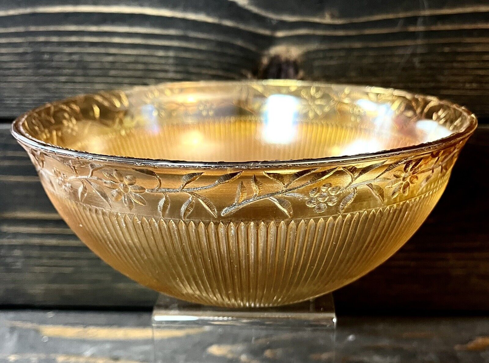 Imperial Marigold Carnival Glass Serving Bowl Ribbed w/ Floral Rim 7.5” Orange