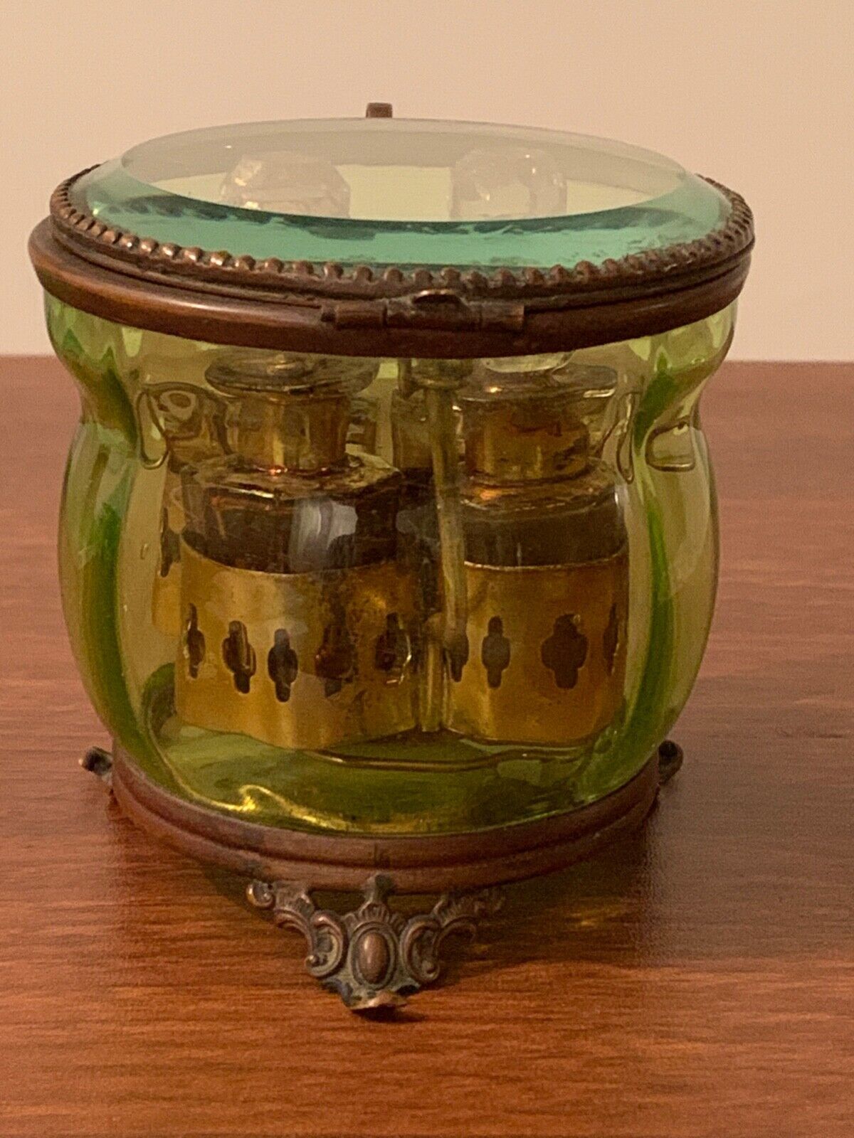 Antique Vaseline Glass Green Casket Set 4 Perfume Numbered Bottles Baccarat