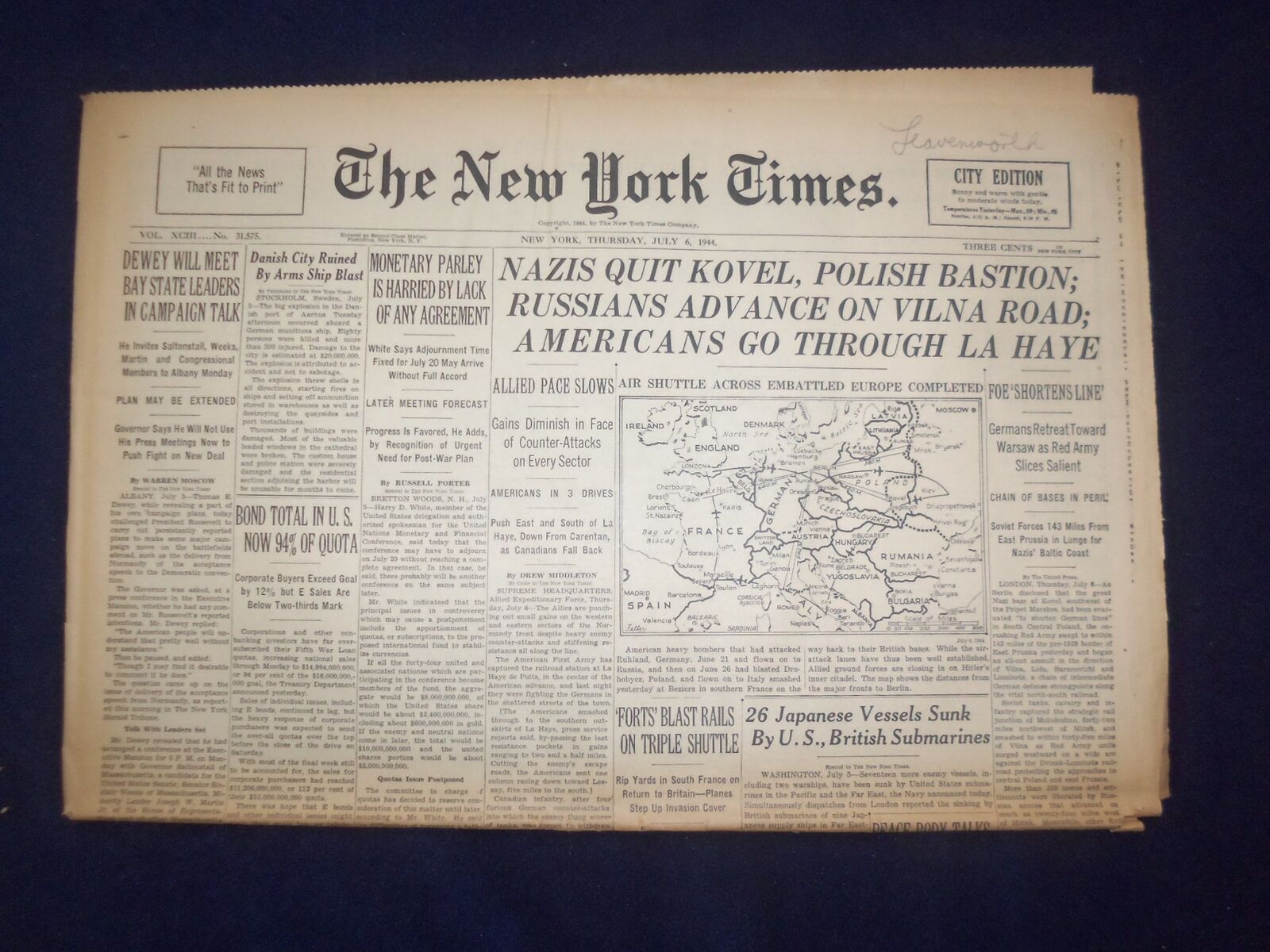 1944 JULY 6 NEW YORK TIMES - NAZIS QUIT KOVEL, POLISH BASTION - NP 6585