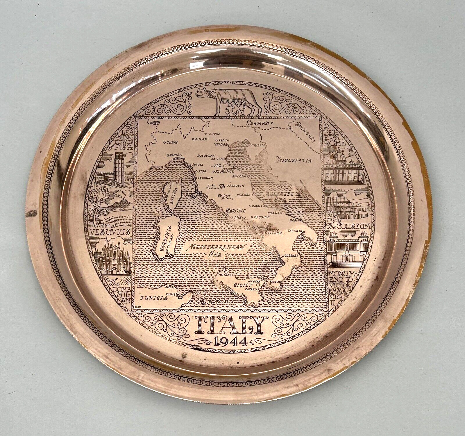 Vintage 1944 Copper Italy Engraved Plate WWII Italian Campaign Souvenir