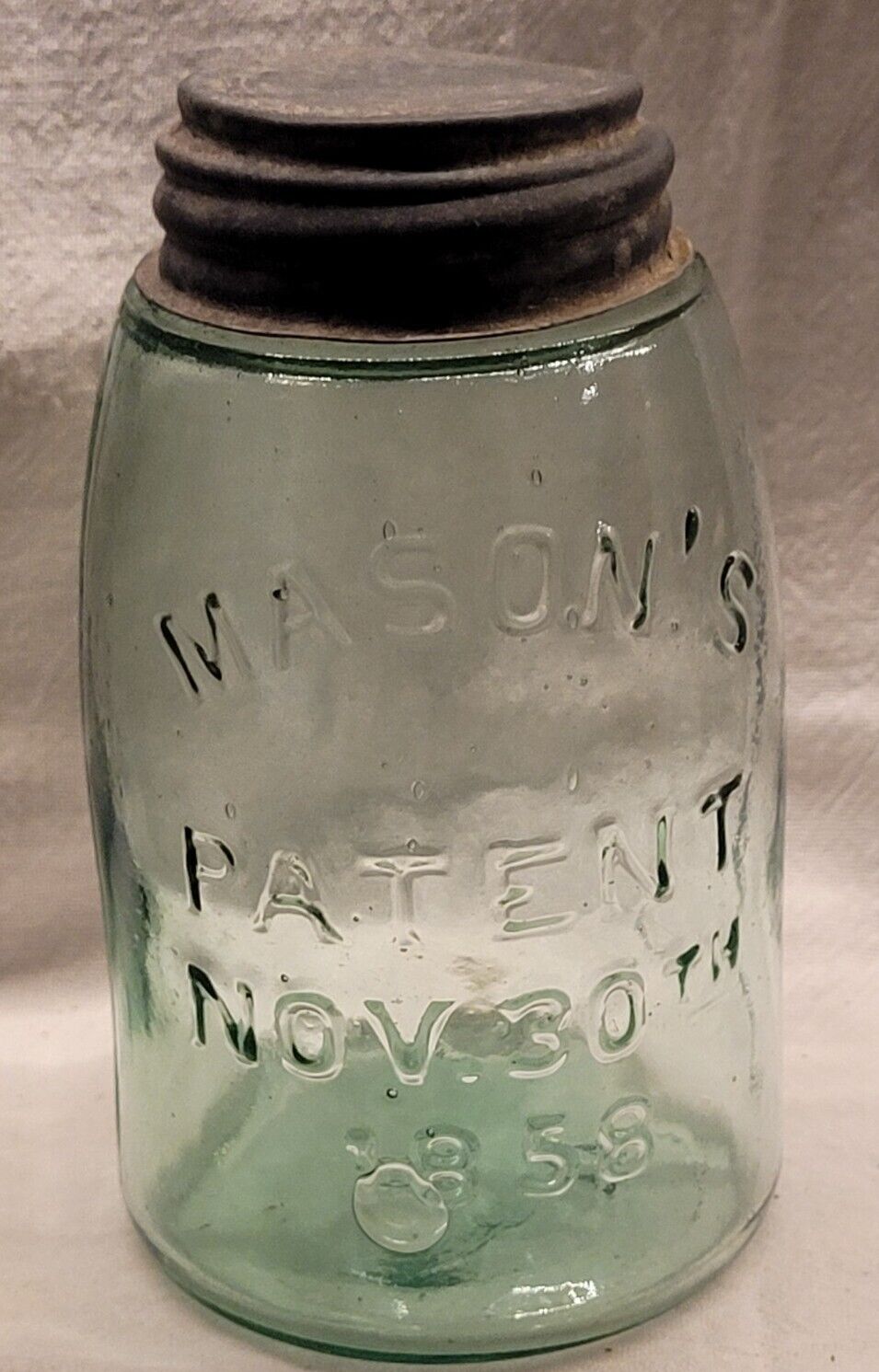 Light Green Midget Mason\'s Patent Nov. 30 1858 Fruit Jar Odd Marking On Bottom