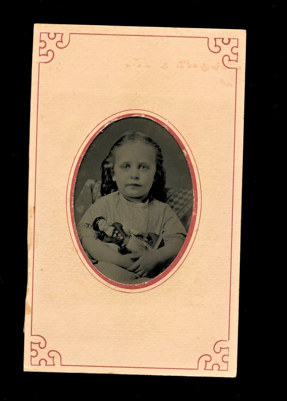 Little Girl Holding Her China Doll Antique Tintype Photo 1800s 7526B