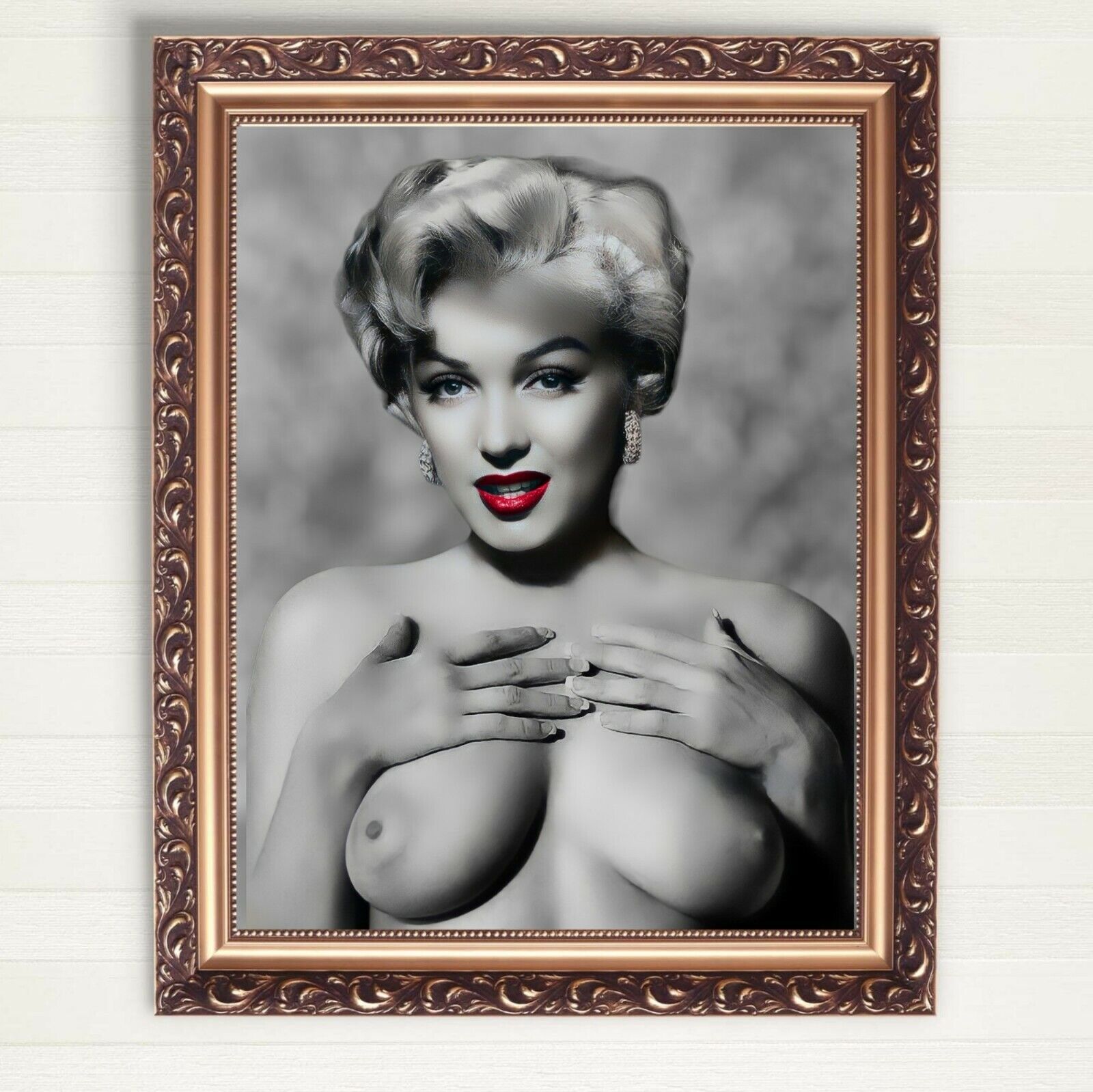 Marilyn Monroe. RED LIPS  Black and White SEXY BREASTS Poster Antique Framed 