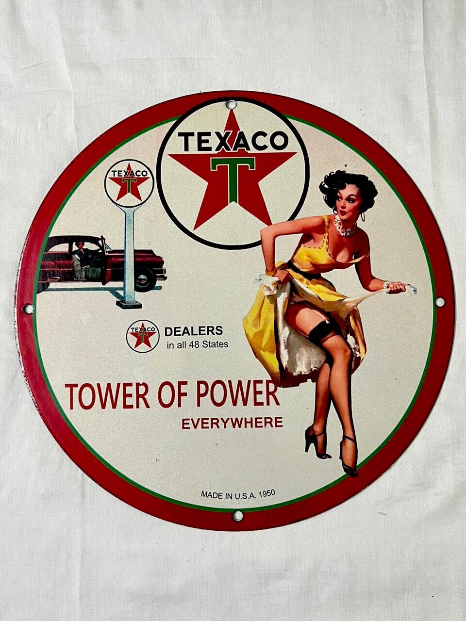 CLASSIC TEXACO DEALERS IN ALL 48 STATES GARAGE GIRL PINUP PORCELAIN ENAMEL SIGN.