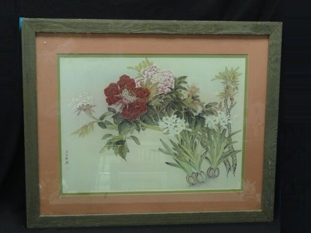 LARGE EARLY MID CENTURY SIGNED CHINESE SILK PAINTING SPRING FLOWERS 