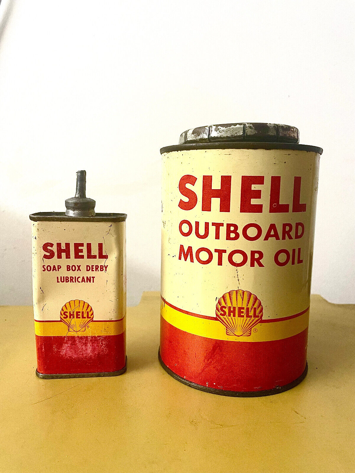 Rare Shell Oil Can Lot Soap Box Derby Handy Oiler & Outboard Boat Can Lead Spout