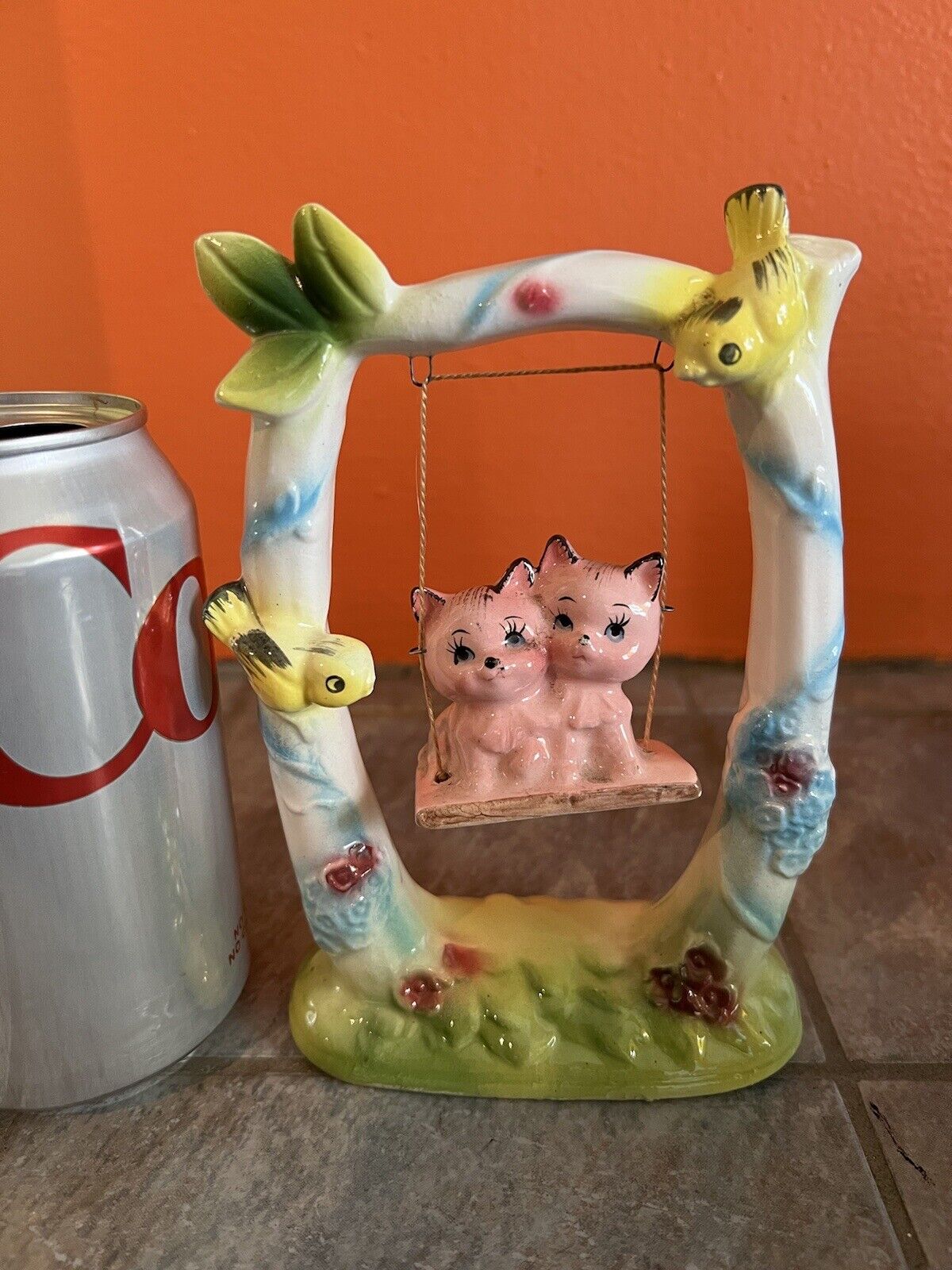 Vintage 1959 BRADLEY Figurine with 2 Pink CATS ON A SWING with BIRDS